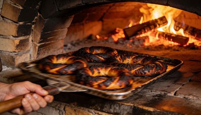 Pulling wood-fired tray of braided sesame rings from brick oven, rustic artisan bakery crust