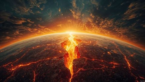 Imaginary volcanic fissure with glowing lava on alien landscape