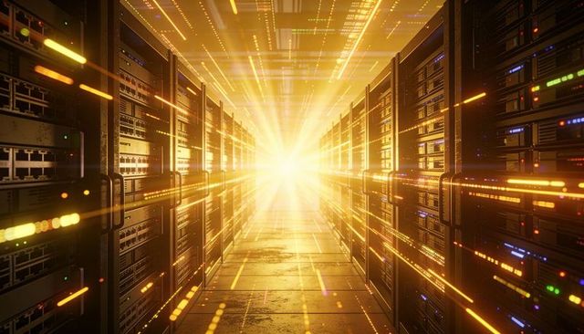 Golden data center aisle with converging server racks and accelerating light streams