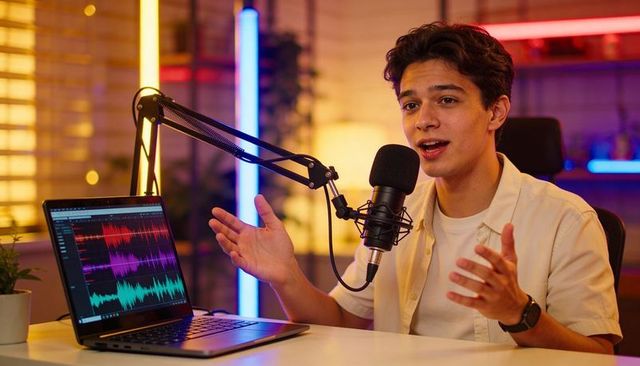 Young podcast host recording in vibrant streaming studio with condenser mic and laptop