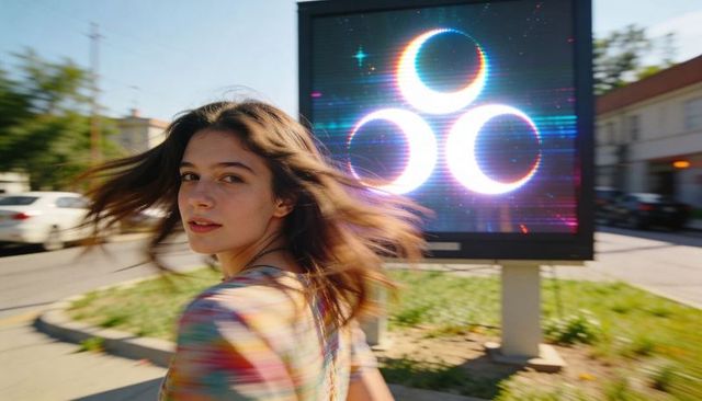 Turning young woman passing led billboard with glowing crescent trio on sunlit street