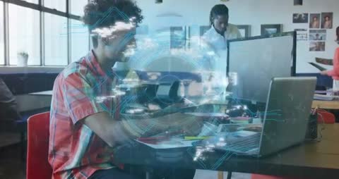 Developer Engaging with Holographic Interface in Modern Tech Office