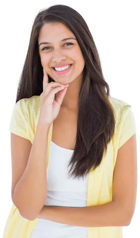 Transparent Smiling Woman in Yellow Cardigan Posing Thoughtfully