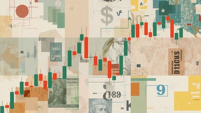 Abstract financial collage featuring candlestick chart and currency symbols