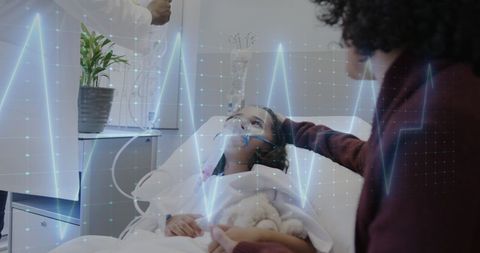 Mother Supports Daughter in Hospital with Digital Heart Monitor Overlay