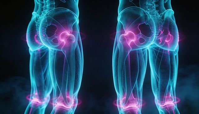 Mirrored 3D lower body anatomy showing hip and knee joints highlighted with magenta glows