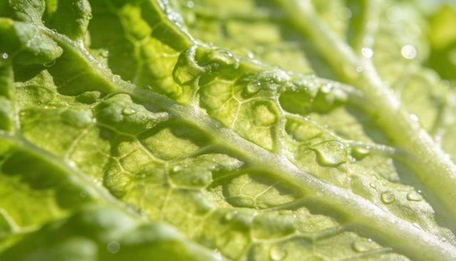 Backlit lettuce leaf glowing with dew revealing translucent veins and central midrib