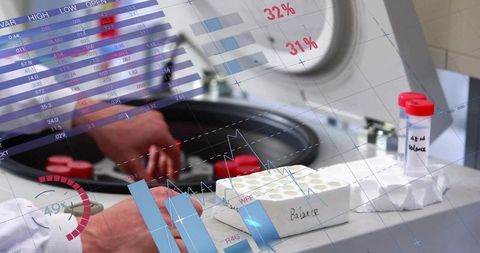 Loading microcentrifuge rotor with red-capped tubes and overlaying laboratory data graphs