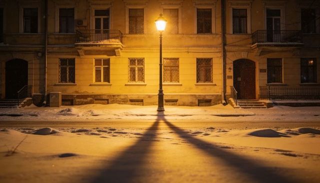 Vintage streetlamp casting warm amber glow over snowy urban night street with footprints