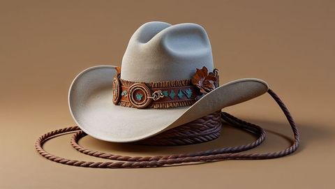 Western cowboy hat with turquoise leather band and lasso