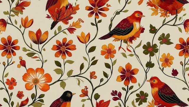 Ornamental floral and bird pattern, nature-inspired design