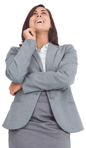 portrait of a confident caucasian businesswoman thinking, arms crossed, casual professional attire. useful for branding, marketing materials, blog posts on leadership or career advice, web pages featuring executive presence, or promotions for women's business events.