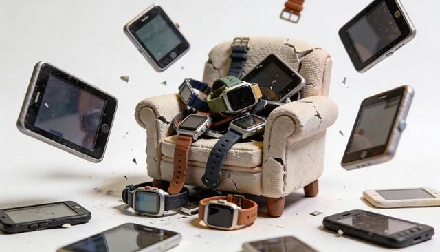 Cracked beige armchair holding piled smartwatches, floating smartphones and scattered devices