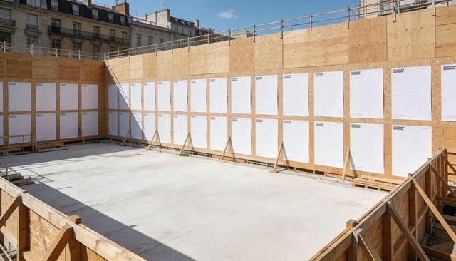 Sunlit urban construction pit with plywood hoarding and blank poster panels