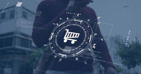 Man holding phone interacting with ar shopping cart overlay on urban street holographic commerce