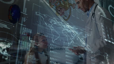 Doctor Discussing Global Healthcare with Child Patient in Futuristic Setting