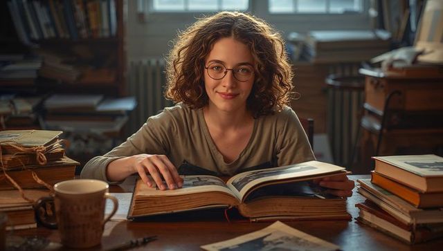 Curly-haired student reading vintage book at cozy home desk with glasses and mug