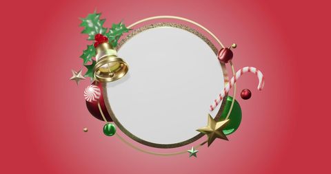 Festive Christmas Frame with Decorations on Red Background