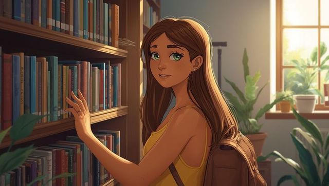 Female Student Exploring Sunny Library for Literature