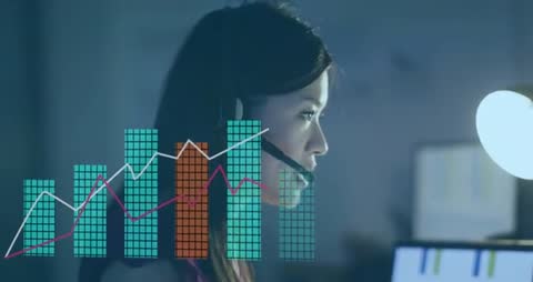 Remote Support Analyst Monitoring Live Analytics Dashboard Wearing Headset