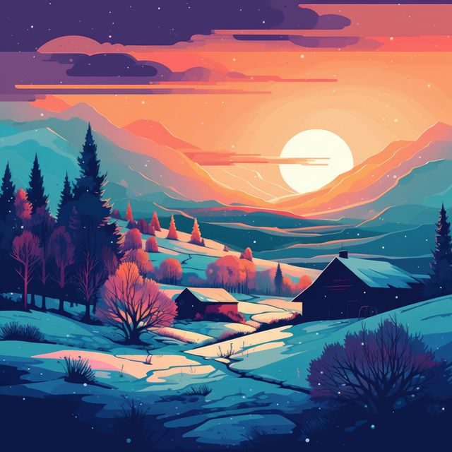 This serene winter scene features a snowy landscape with a rustic cabin nestled among snow-covered trees. A beautiful sunset creates a colorful sky with hues of orange and pink, casting a warm glow over the frosty mountains. Ideal for use in holiday cards, travel brochures, landscape calendars, and winter-themed decor.
