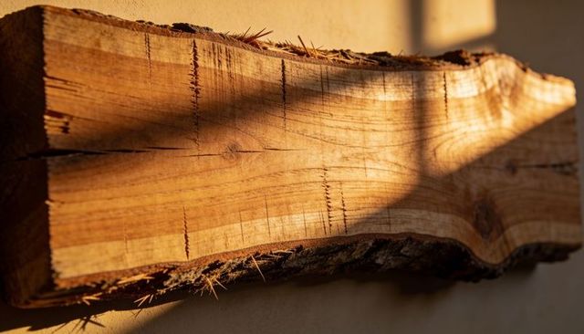 Highlighting thick sawn plank showing growth rings, saw marks and bark in warm light