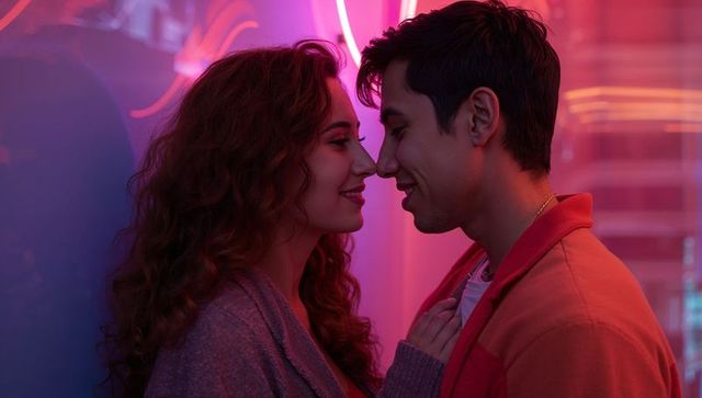 Intimate young couple sharing neon-lit romantic moment, closeup portrait with warm glow