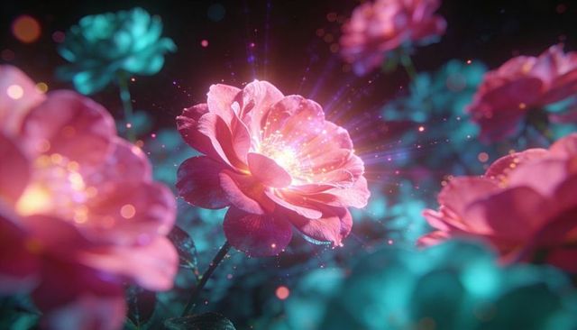 Glowing pink rose macro with luminous core and sparkling dew, dreamy teal bokeh magic