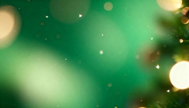 Glowing emerald bokeh with soft gold light orbs and sparkling holiday green texture