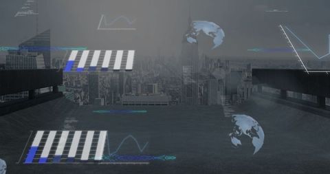 Futuristic Holographic Graphs on Urban Rooftop with Globe Icons - Download Free Stock Images Pikwizard.com