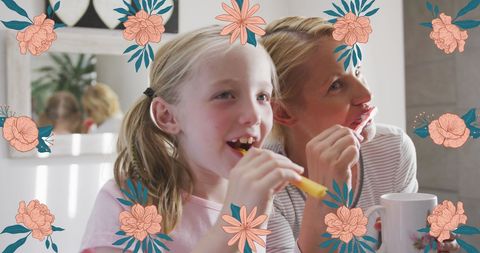 Mother and Daughter Brushing Teeth Surrounded by Floral Designs - Download Free Stock Images Pikwizard.com