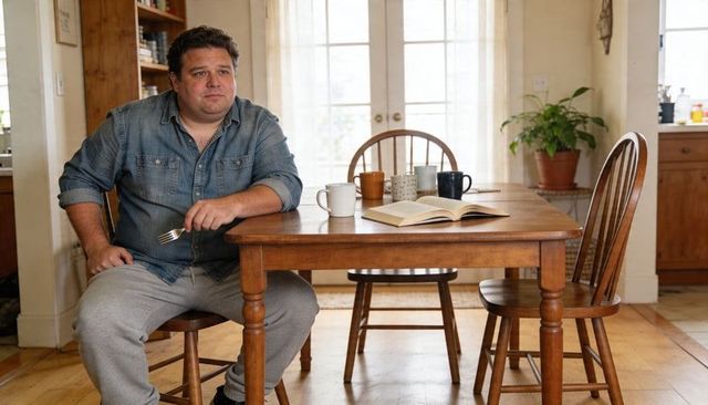 Man sitting at rustic sunlit kitchen table holding fork with open book and mugs