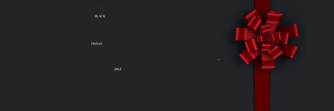 Perfect for online retailers to advertise their Black Friday sales. The clean design with a black background and a striking red ribbon on the right side captures attention, making it ideal for use as a website header, social media post, or digital advertisement to promote seasonal discounts.