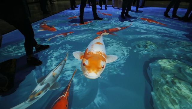 Gliding koi pond projection on gallery floor casting visitors' silhouettes and footprints