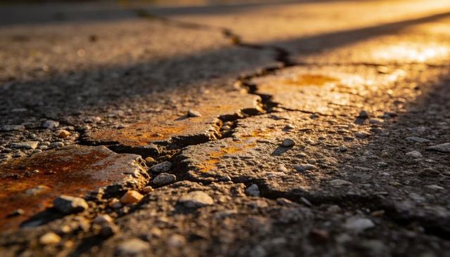 Sunlit cracked concrete showing rust stains and loose pebbles macro texture and grit
