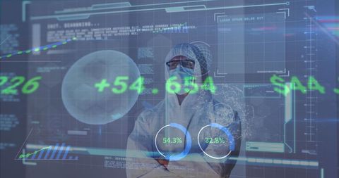 Health worker analyzing data processing in tech interface