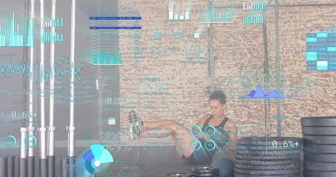 Woman stretching on gym mat using augmented reality fitness analytics with stacked plates