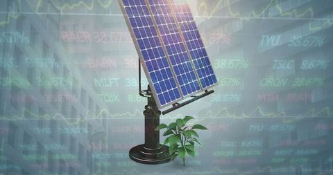 digital composite featuring solar panel on adjustable stand, highlighting intersection of renewable energy and investment opportunities. stock graphics with seedlings symbolize growth and sustainability. useful for articles on environment, green technology, business investment, and urban innovation.