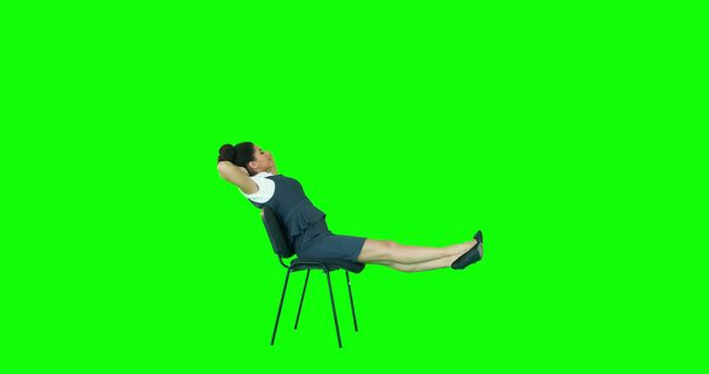 Businesswoman in relaxed pose on chair against green screen background. Ideal for business and office-themed projects, promotional materials, and presentations, illustrating corporate relaxation, work-life balance, or casual office environment. Can be used for creating custom backgrounds in video and design projects.