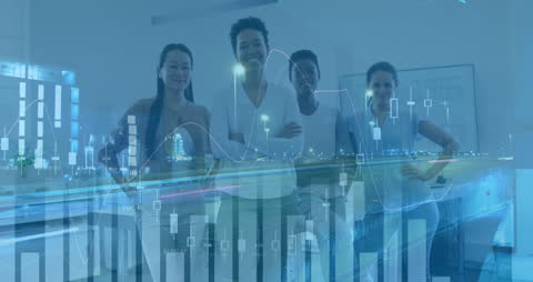 Diverse Business People in Modern Office with Financial Data Overlay