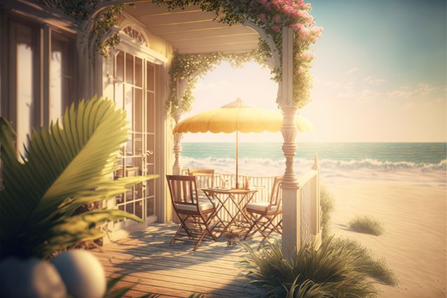This scenic beachfront veranda captures the serene beauty of a summer evening with golden light casting over the ocean view. Ideal for use in vacation promotion, holiday advertisements, travel blogs, or lifestyle magazines focusing on leisure and relaxation.