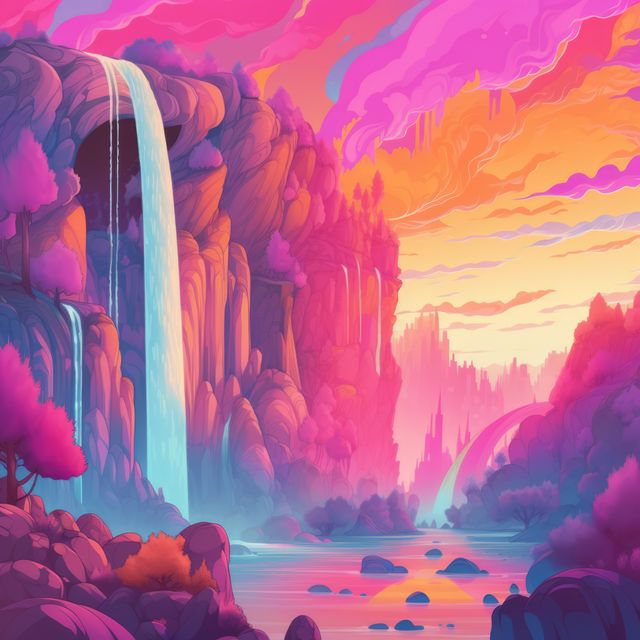 Colorful fantasy landscape with waterfalls and mountains created using generative ai technology. Fantasy, imagination and colour concept digitally generated image.