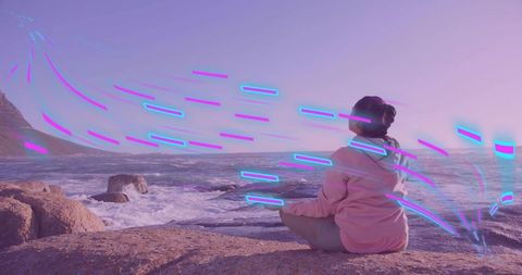 Serene Seaside Meditation with Neon Streaks at Dawn