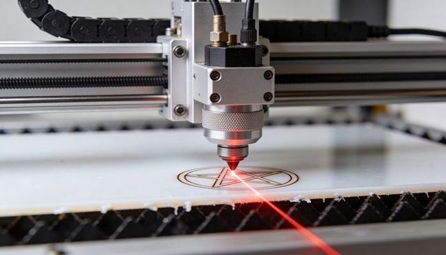 Laser engraving head etching pentagram on acrylic sheet with visible red beam, CNC close-up