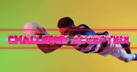 Dynamic rugby player diving with challenge accepted message