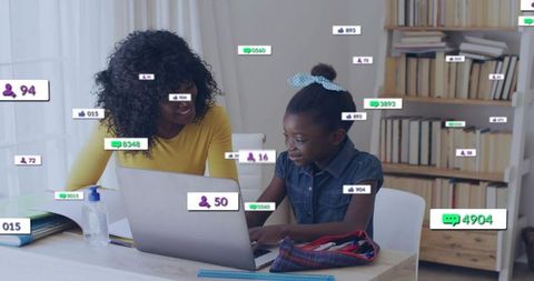 Mother and daughter studying on laptop with social media overlays and digital engagement
