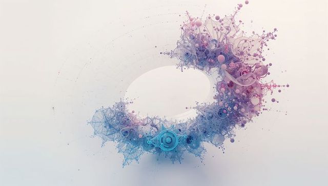 Drifting network ring composed of nodes, filaments, spheres and cogs in blue-pink gradient