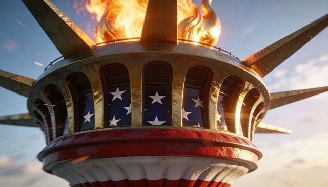 Dramatic statue of liberty torch crown close-up showing flaming star panels at golden hour