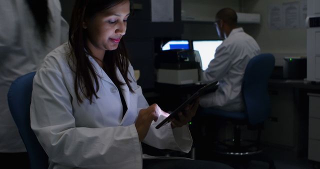 Female Scientist Using Tablet in Dark Laboratory - Download Free Stock Images Pikwizard.com