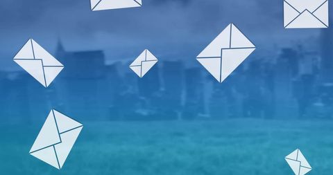 Floating Email Icons Above Modern Cityscape